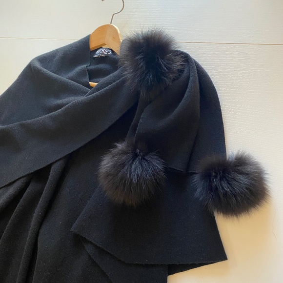 Mitchie's Fox Fur Wool Cape Wrap Poncho Black O/S - Picture 7 of 14